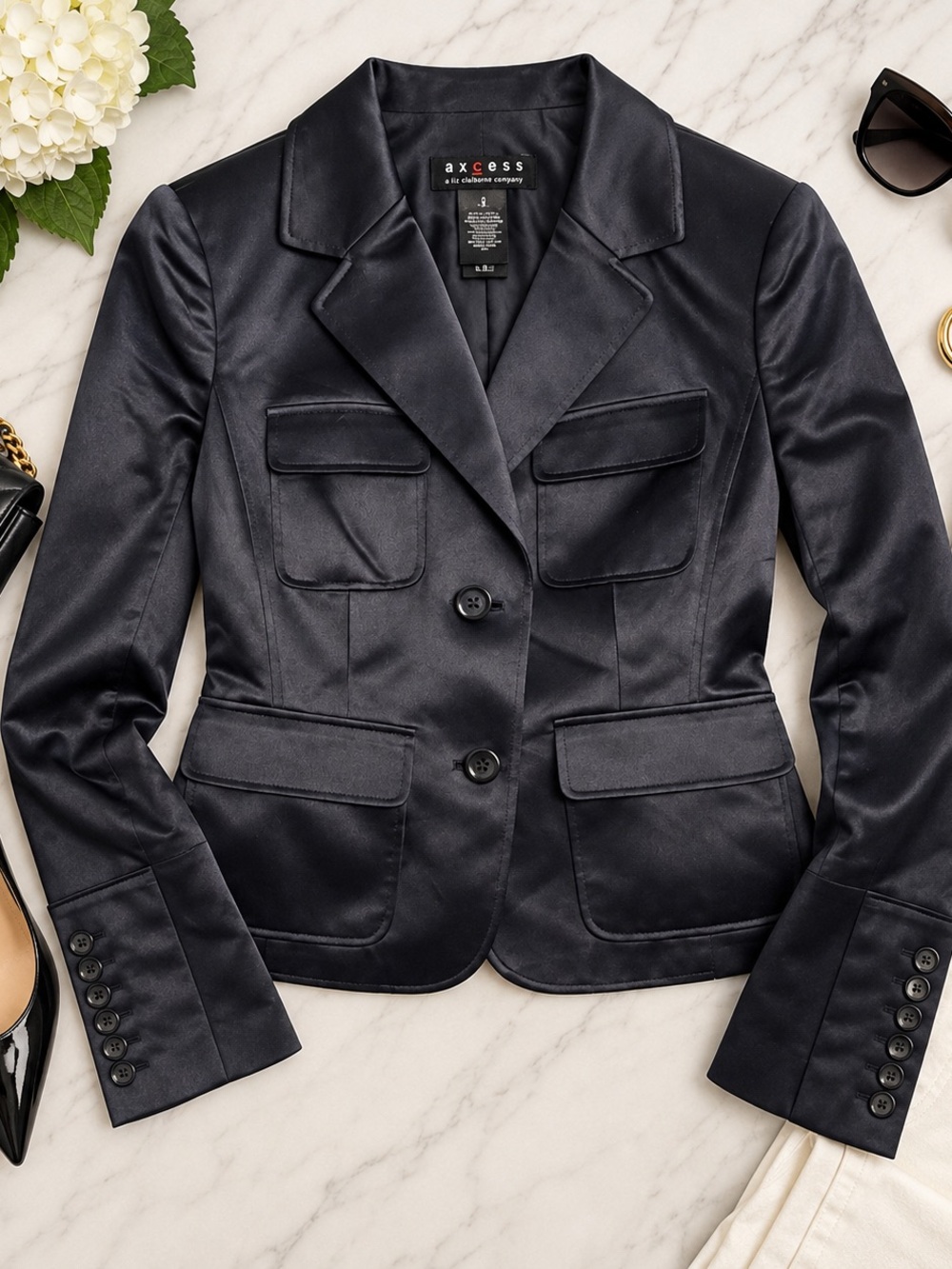 Axcess Liz Claiborne Satin Blazer Size 6 NWT Navy Y2K Pocket Jacket